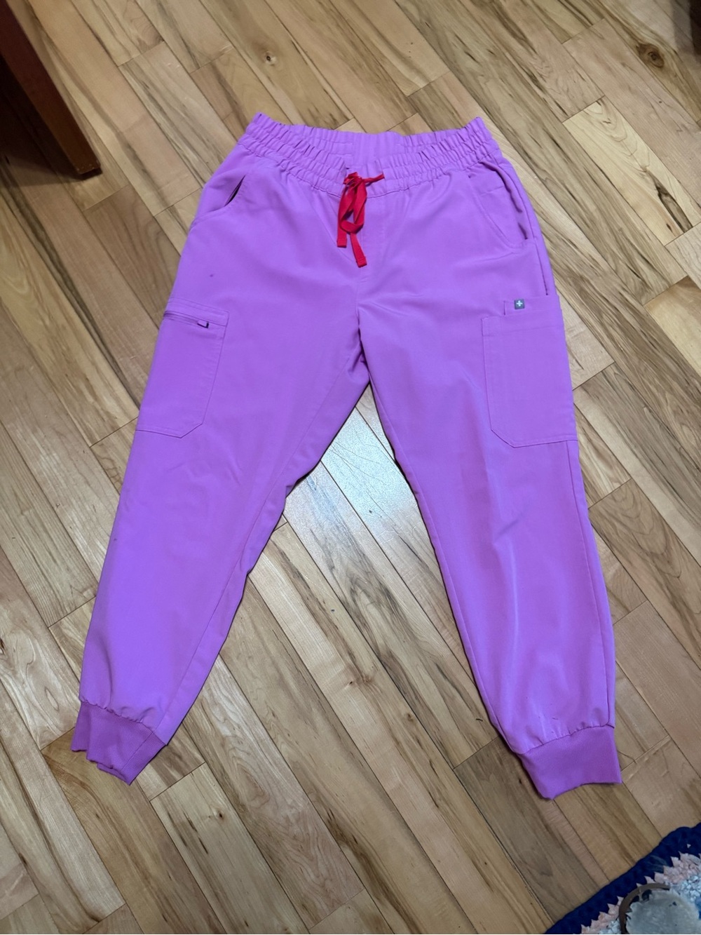 Figs Pink cloud Jogger scrub bottoms with Red Drawstring